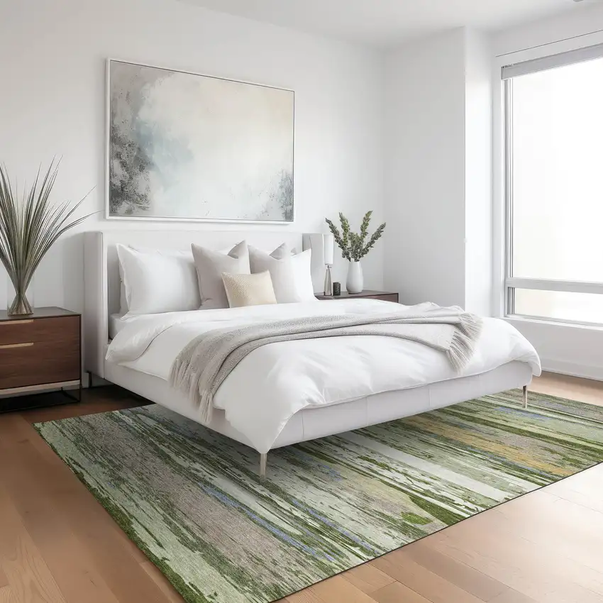 Artichoke Green Ivory And Tan Striped Washable Indoor Outdoor Area Rug Photo 9