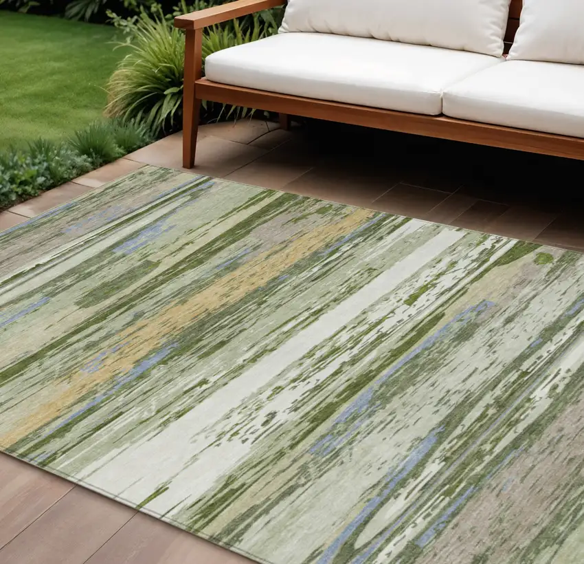 Artichoke Green Ivory And Tan Striped Washable Indoor Outdoor Area Rug Photo 1