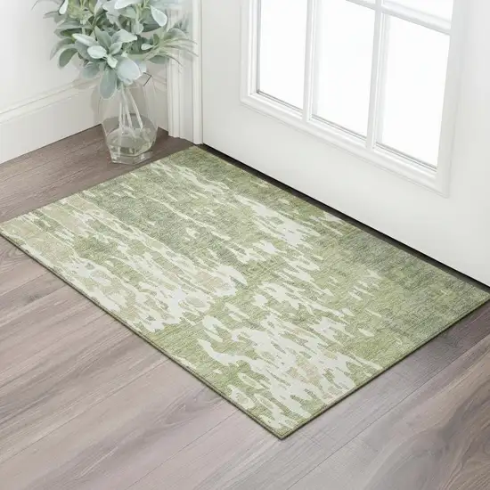 Artichoke Green Ivory And Taupe Abstract Washable Area Rug With UV Protection Photo 2