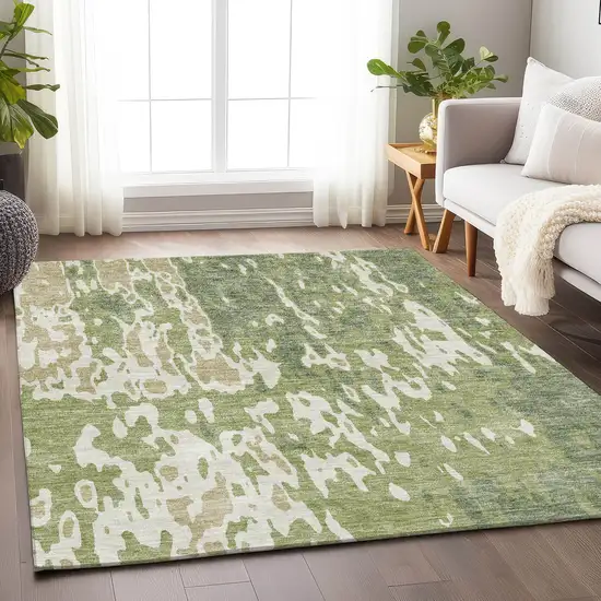 Artichoke Green Ivory And Taupe Abstract Washable Area Rug With UV Protection Photo 4