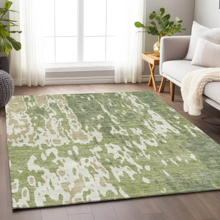 Artichoke Green Ivory And Taupe Abstract Washable Area Rug With UV Protection Photo 4