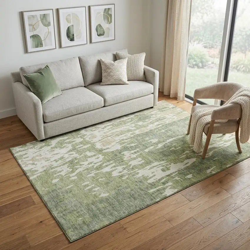 Artichoke Green Ivory And Taupe Abstract Washable Area Rug With UV Protection Photo 1