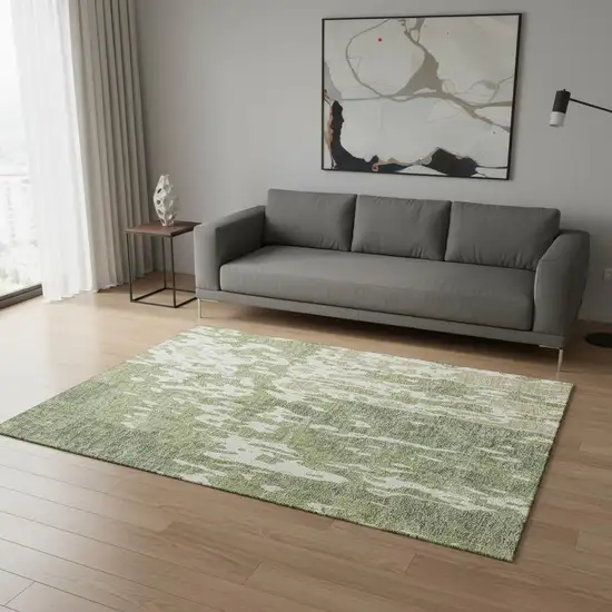 Artichoke Green Ivory And Taupe Abstract Washable Area Rug With UV Protection Photo 2
