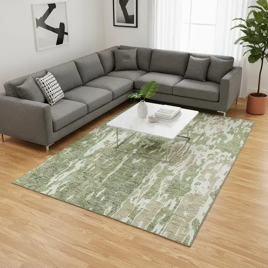 Artichoke Green Ivory And Taupe Abstract Washable Area Rug With UV Protection Photo 2