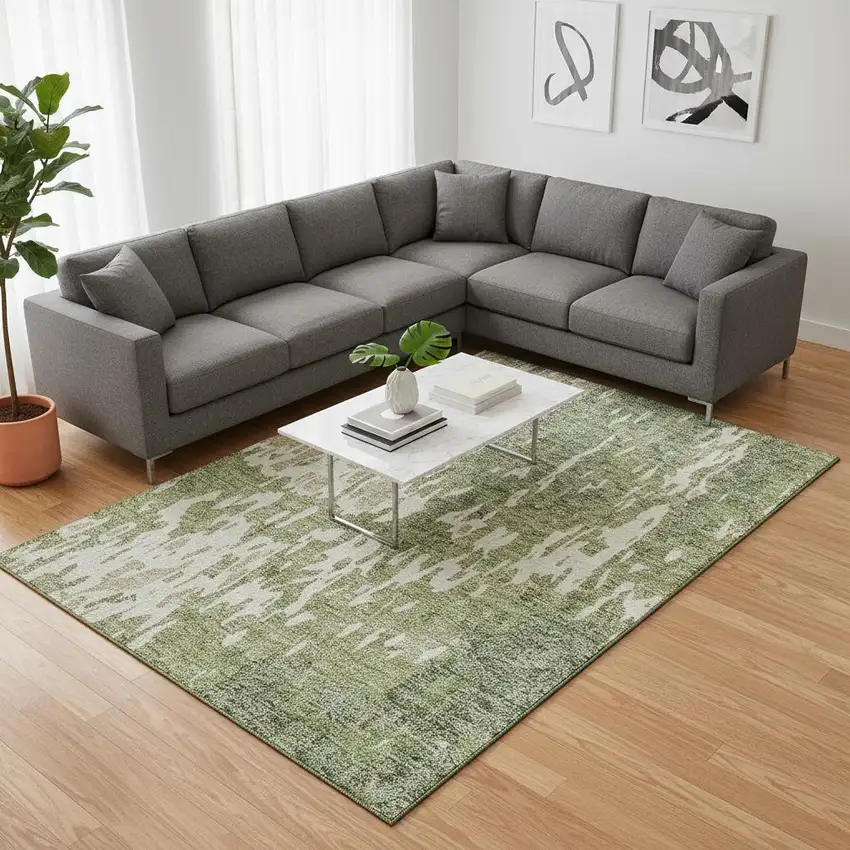 Artichoke Green Ivory And Taupe Abstract Washable Area Rug With UV Protection Photo 2