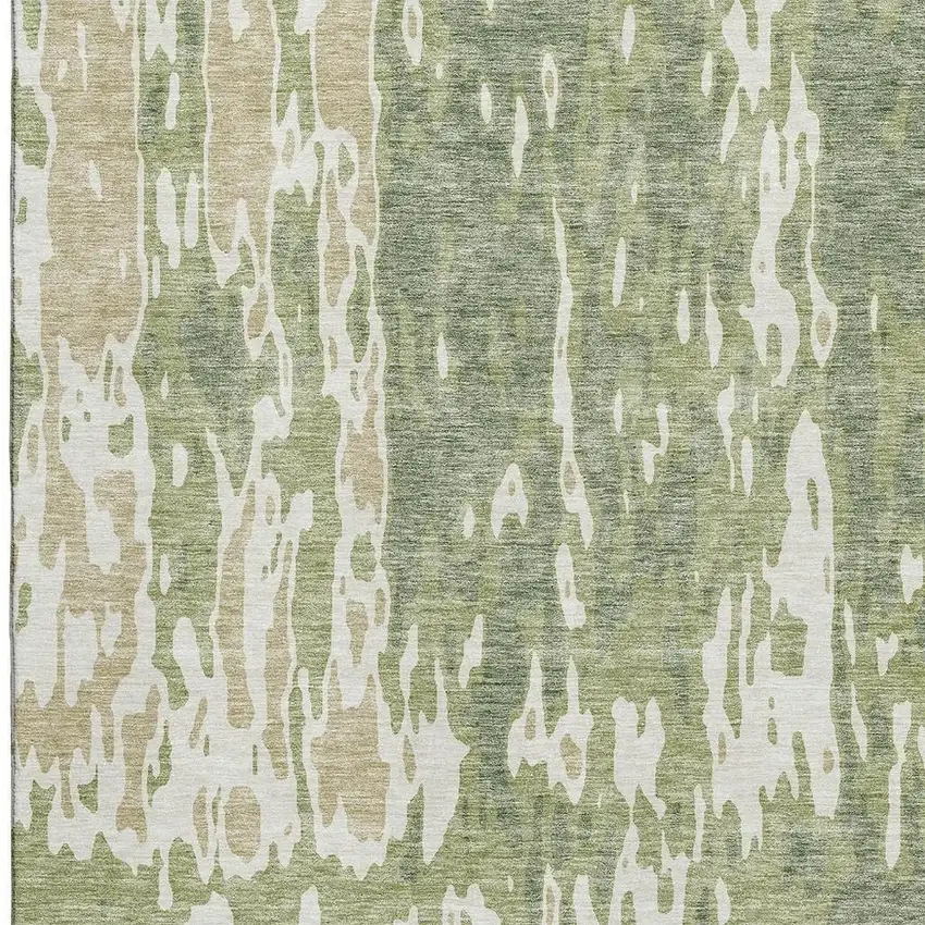 Artichoke Green Ivory And Taupe Abstract Washable Area Rug With UV Protection Photo 2
