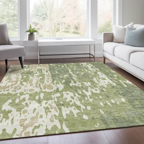 Artichoke Green Ivory And Taupe Abstract Washable Area Rug With UV Protection Photo 5
