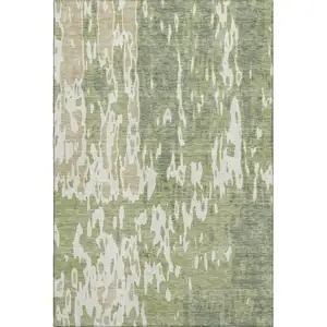 Photo of Artichoke Green Ivory And Taupe Abstract Washable Area Rug With UV Protection
