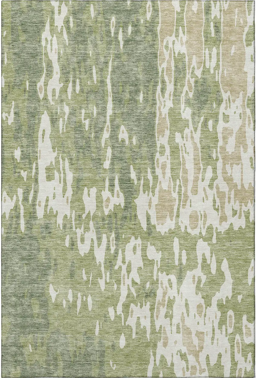 Artichoke Green Ivory And Taupe Abstract Washable Area Rug With UV Protection Photo 3