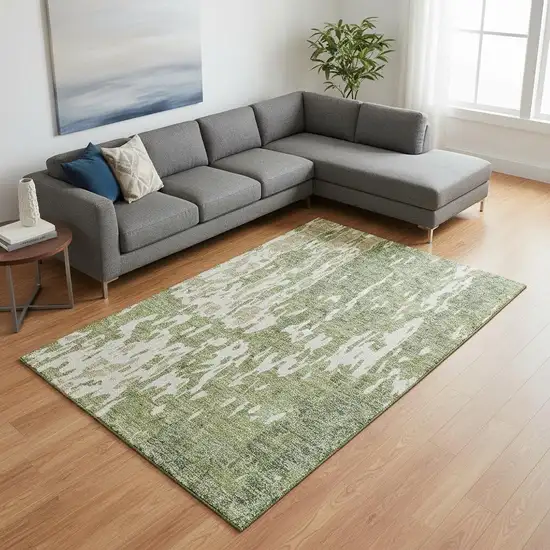 Artichoke Green Ivory And Taupe Abstract Washable Area Rug With UV Protection Photo 2