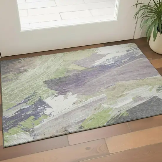 Artichoke Green Ivory And Taupe Abstract Washable Area Rug With UV Protection Photo 2