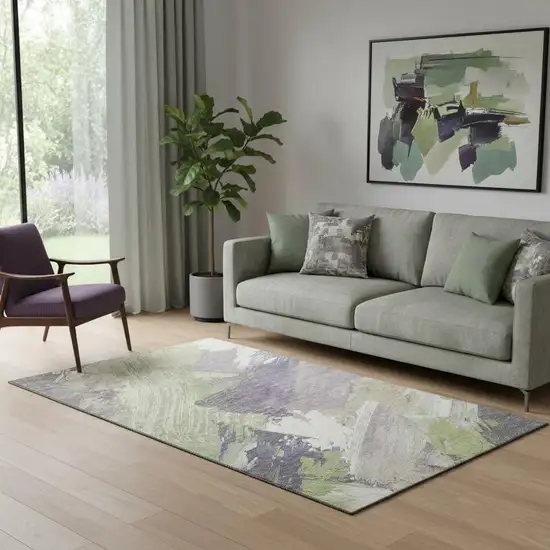 Artichoke Green Ivory And Taupe Abstract Washable Area Rug With UV Protection Photo 2