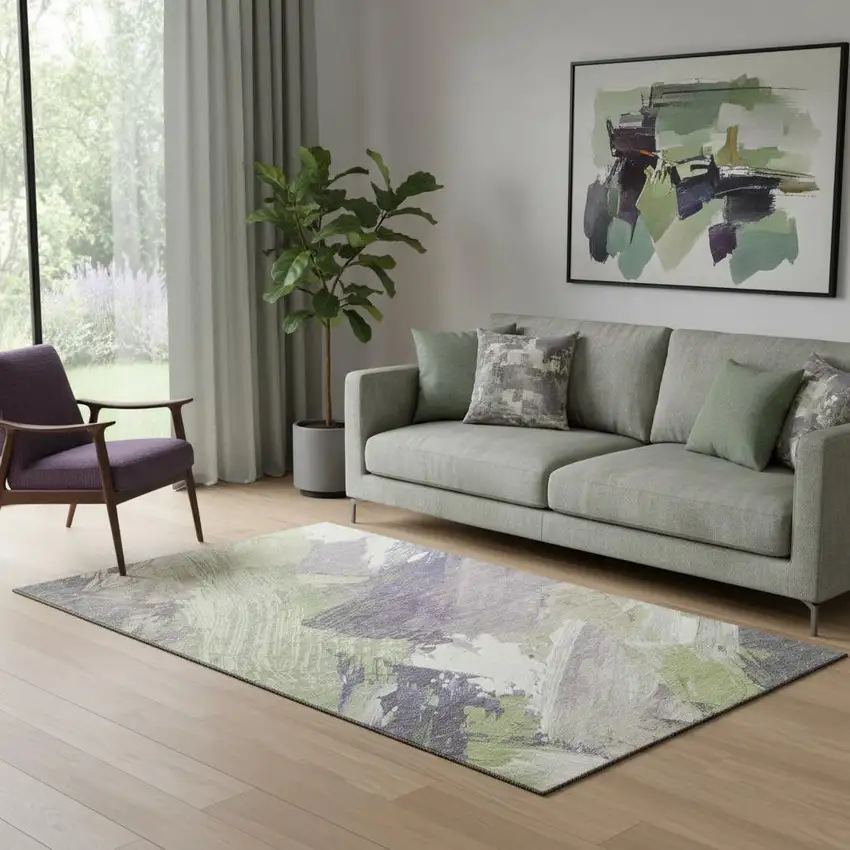 Artichoke Green Ivory And Taupe Abstract Washable Area Rug With UV Protection Photo 2