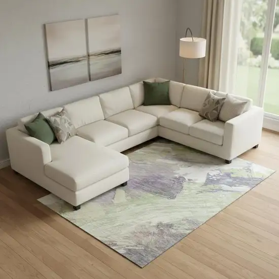 Artichoke Green Ivory And Taupe Abstract Washable Area Rug With UV Protection Photo 2