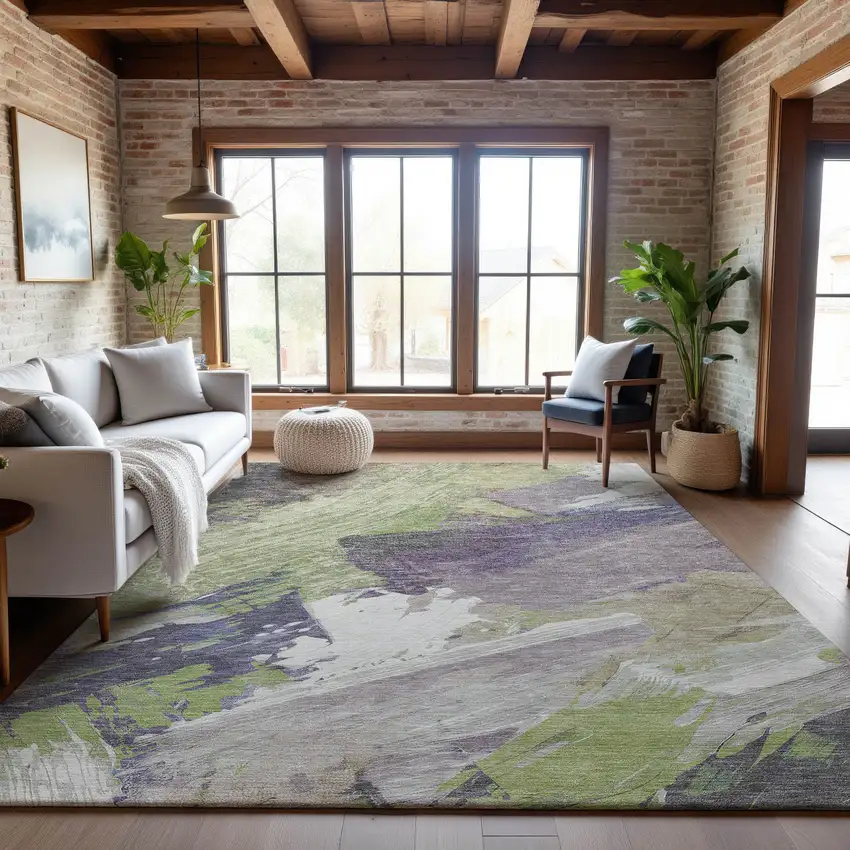 Artichoke Green Ivory And Taupe Abstract Washable Area Rug With UV Protection Photo 5