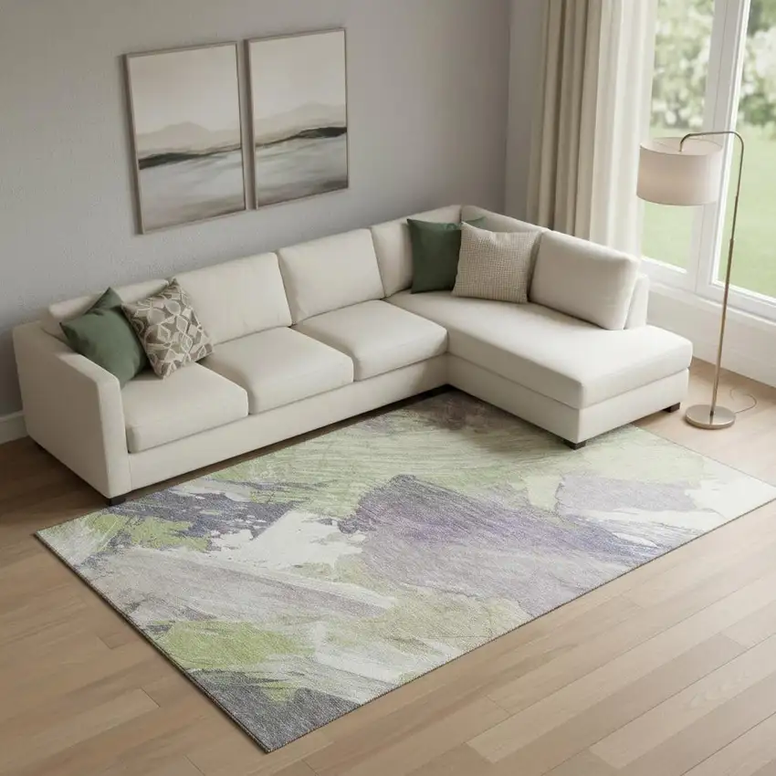 Artichoke Green Ivory And Taupe Abstract Washable Area Rug With UV Protection Photo 2