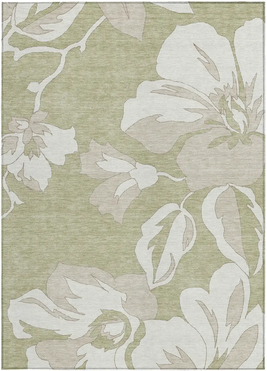 Artichoke Green Ivory And Taupe Floral Washable Indoor Outdoor Area Rug Photo 7