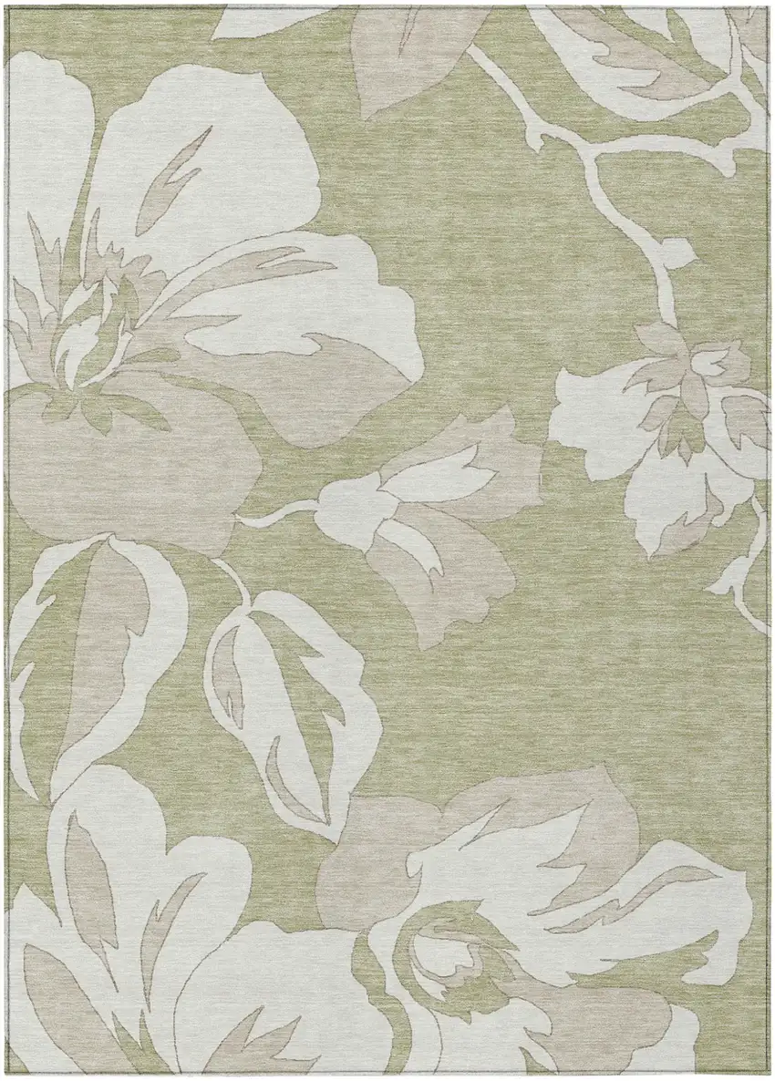 Artichoke Green Ivory And Taupe Floral Washable Indoor Outdoor Area Rug Photo 2