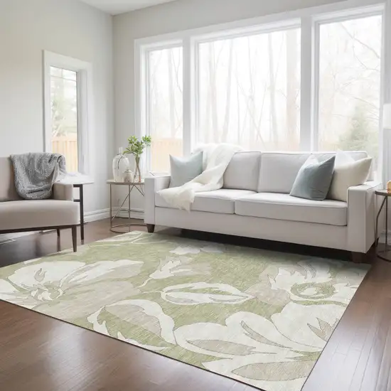 Artichoke Green Ivory And Taupe Floral Washable Indoor Outdoor Area Rug Photo 9