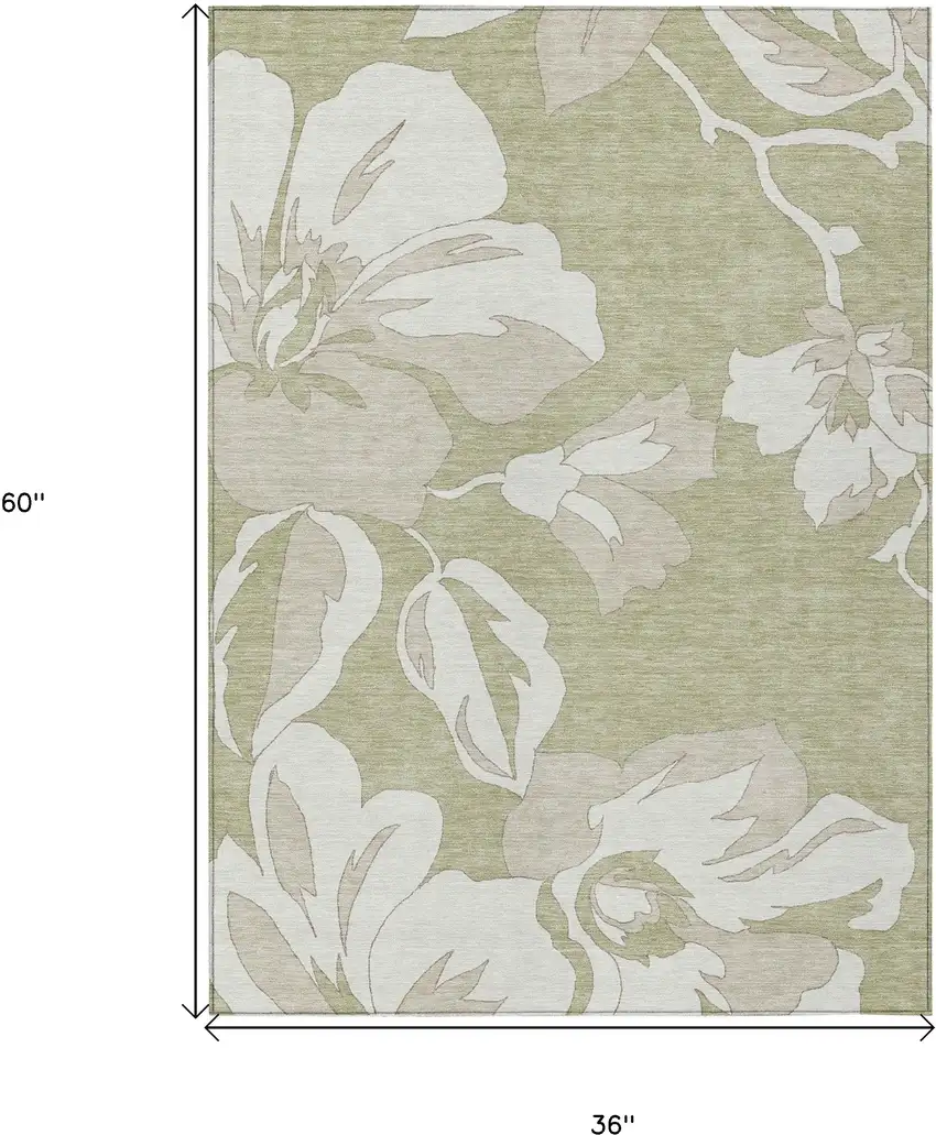 Artichoke Green Ivory And Taupe Floral Washable Indoor Outdoor Area Rug Photo 3
