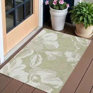 Photo of Artichoke Green Ivory And Taupe Floral Washable Indoor Outdoor Area Rug
