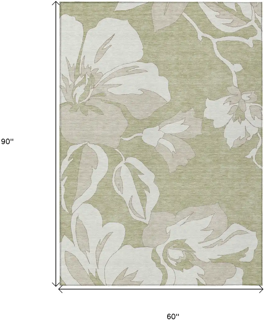 Artichoke Green Ivory And Taupe Floral Washable Indoor Outdoor Area Rug Photo 3