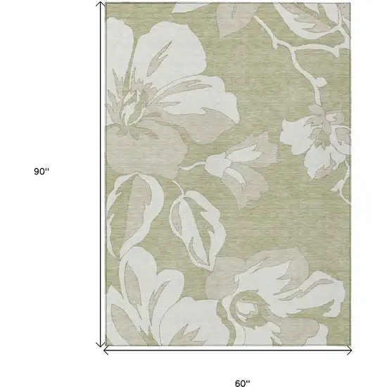 Artichoke Green Ivory And Taupe Floral Washable Indoor Outdoor Area Rug Photo 3
