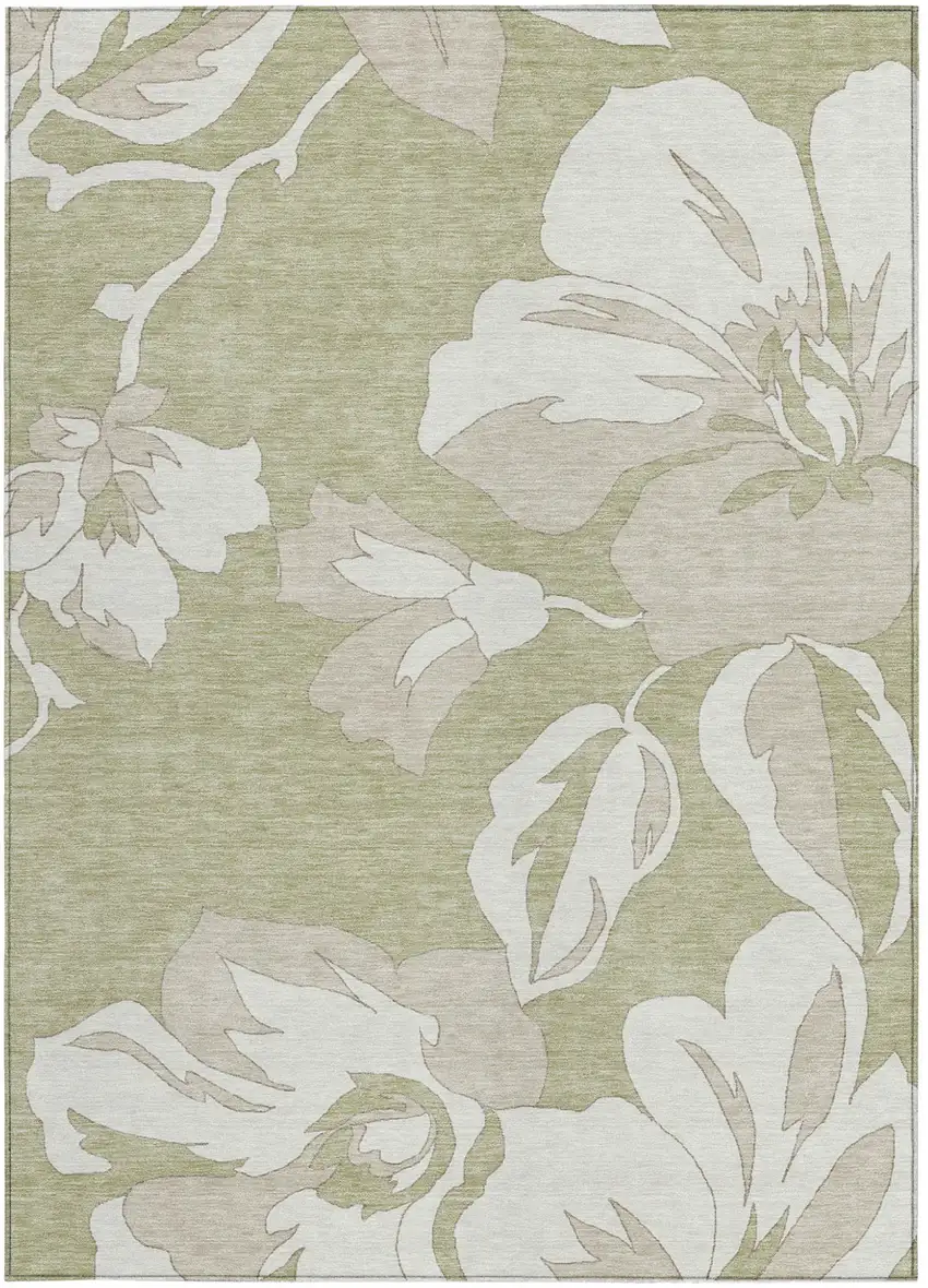 Artichoke Green Ivory And Taupe Floral Washable Indoor Outdoor Area Rug Photo 7