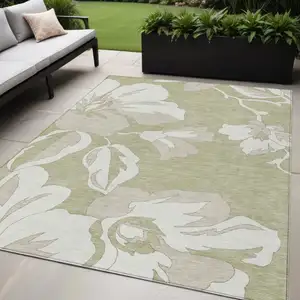 Photo of Artichoke Green Ivory And Taupe Floral Washable Indoor Outdoor Area Rug