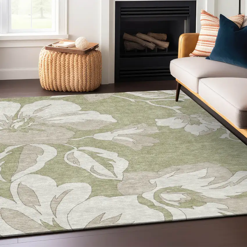 Artichoke Green Ivory And Taupe Floral Washable Indoor Outdoor Area Rug Photo 9