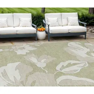 Photo of Artichoke Green Ivory And Taupe Floral Washable Indoor Outdoor Area Rug