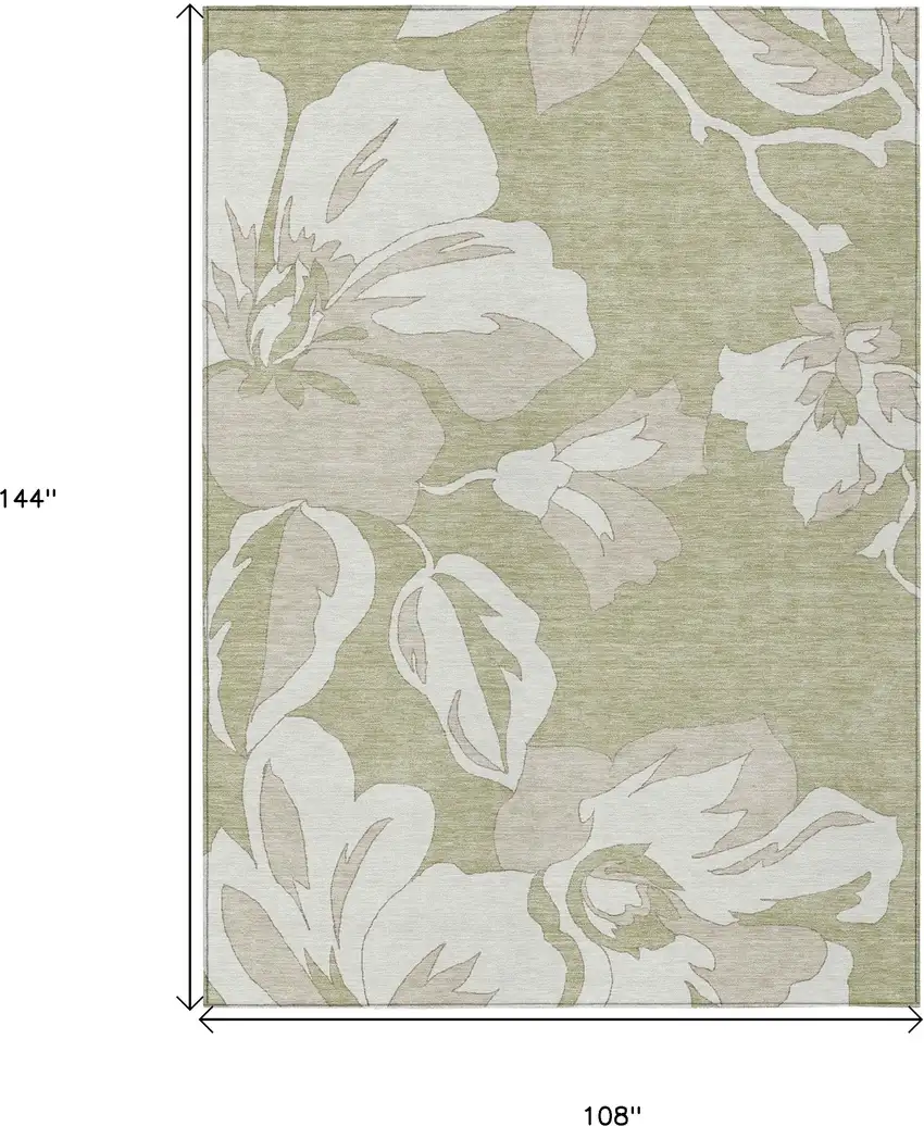Artichoke Green Ivory And Taupe Floral Washable Indoor Outdoor Area Rug Photo 3