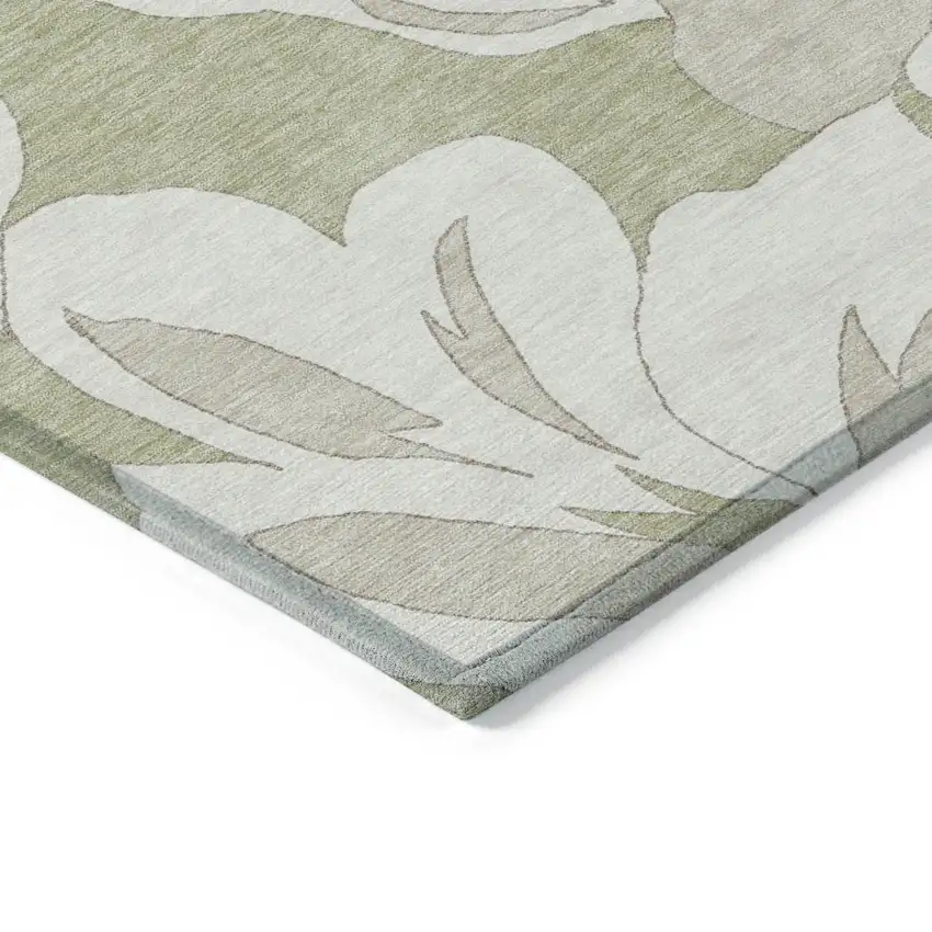 Artichoke Green Ivory And Taupe Floral Washable Indoor Outdoor Area Rug Photo 5
