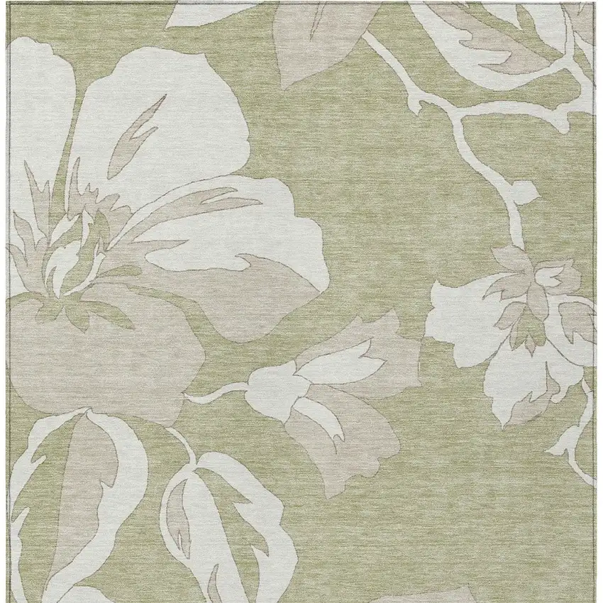 Artichoke Green Ivory And Taupe Floral Washable Indoor Outdoor Area Rug Photo 8