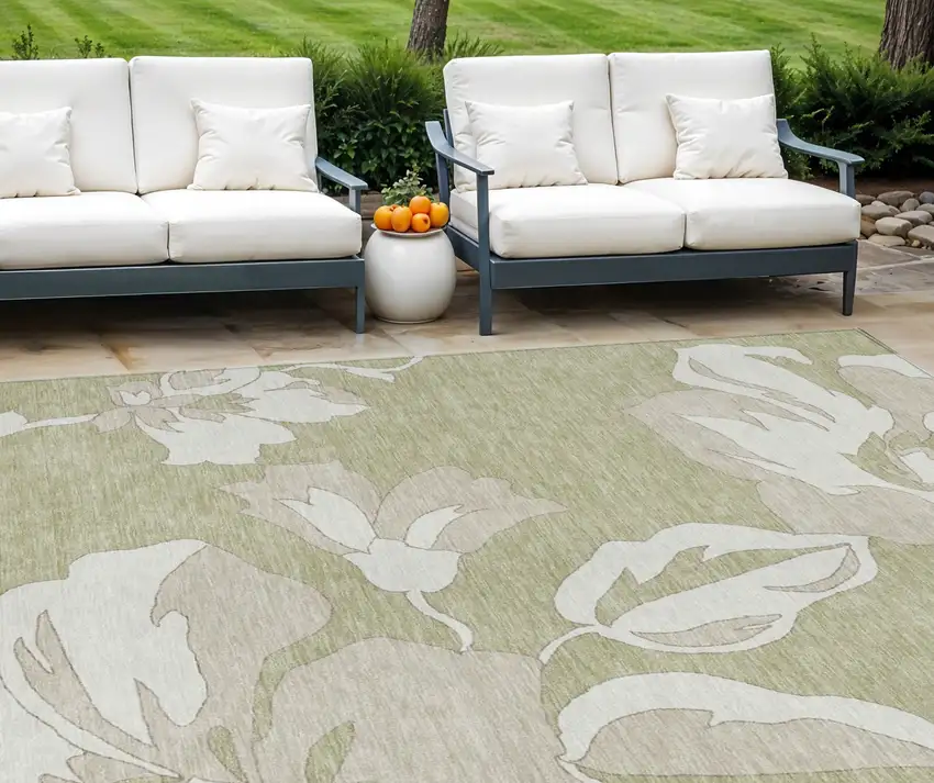 Artichoke Green Ivory And Taupe Floral Washable Indoor Outdoor Area Rug Photo 1