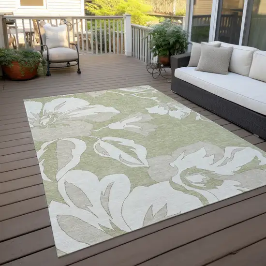 Artichoke Green Ivory And Taupe Floral Washable Indoor Outdoor Area Rug Photo 9