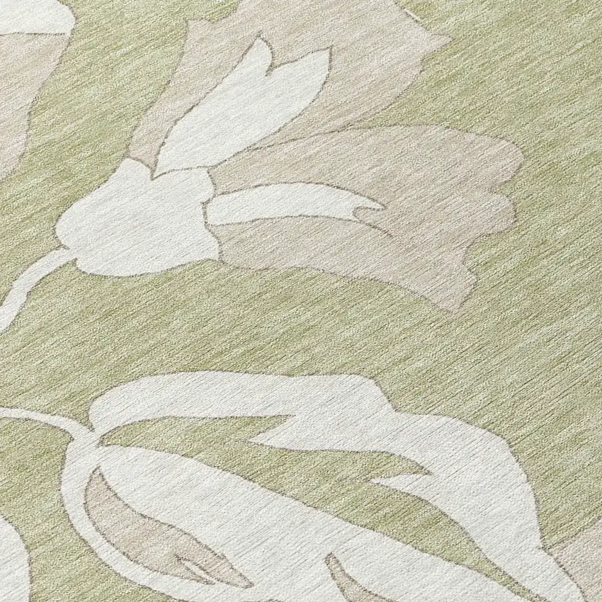 Artichoke Green Ivory And Taupe Floral Washable Indoor Outdoor Area Rug Photo 6