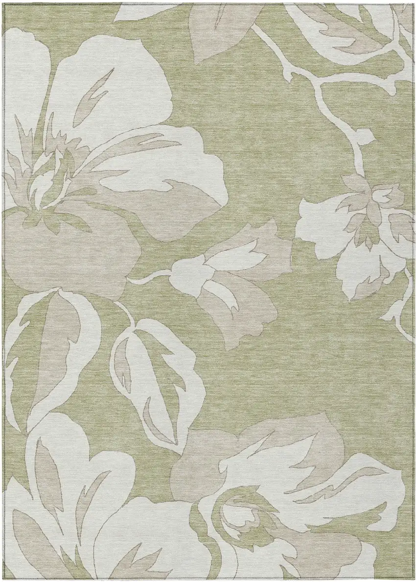 Artichoke Green Ivory And Taupe Floral Washable Indoor Outdoor Area Rug Photo 2