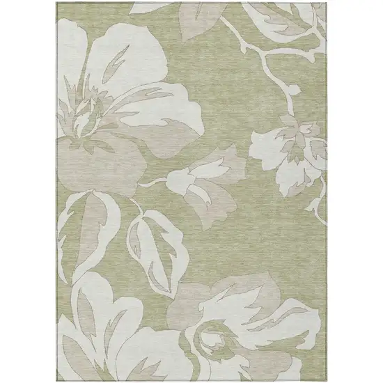 Artichoke Green Ivory And Taupe Floral Washable Indoor Outdoor Area Rug Photo 2
