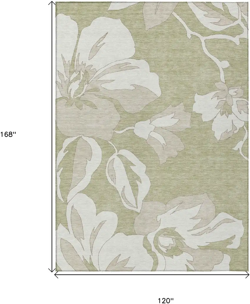 Artichoke Green Ivory And Taupe Floral Washable Indoor Outdoor Area Rug Photo 3