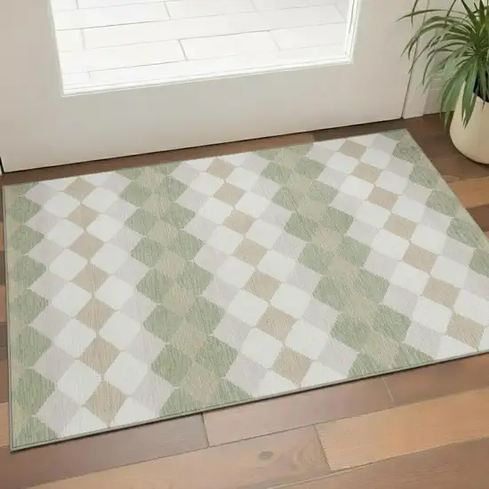 Artichoke Green Ivory And Taupe Geometric Washable Area Rug With UV Protection Photo 2
