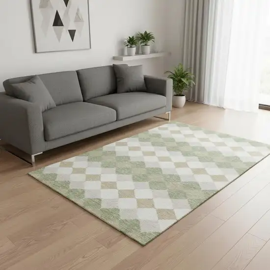 Artichoke Green Ivory And Taupe Geometric Washable Area Rug With UV Protection Photo 2