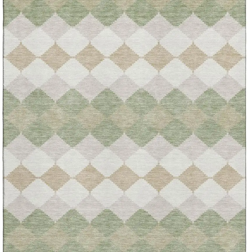 Artichoke Green Ivory And Taupe Geometric Washable Area Rug With UV Protection Photo 2