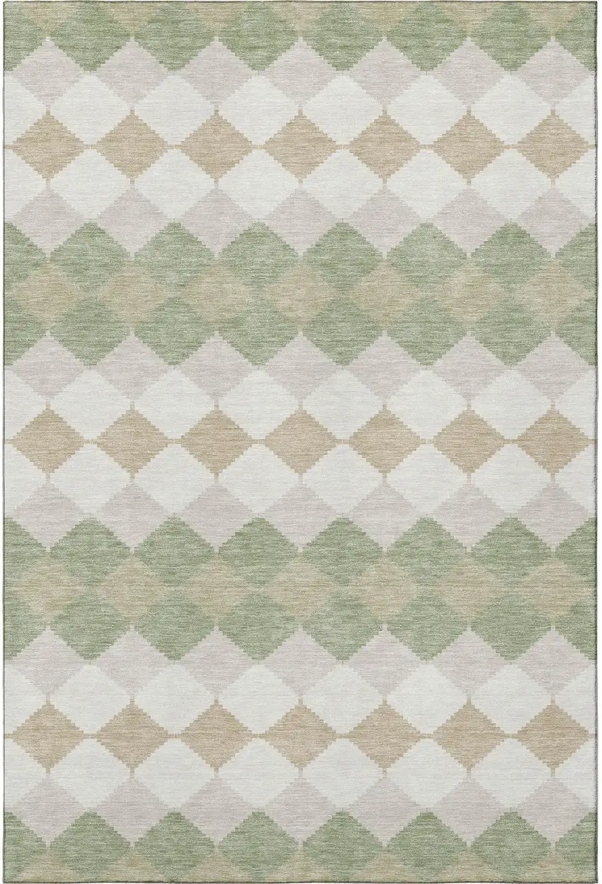 Artichoke Green Ivory And Taupe Geometric Washable Area Rug With UV Protection Photo 3