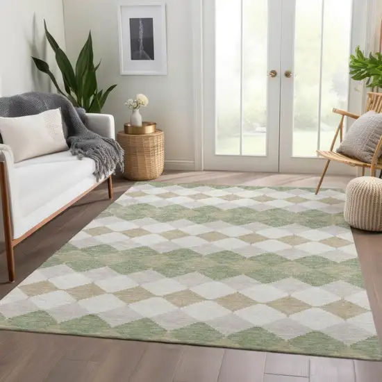 Artichoke Green Ivory And Taupe Geometric Washable Area Rug With UV Protection Photo 5