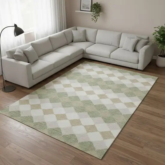Artichoke Green Ivory And Taupe Geometric Washable Area Rug With UV Protection Photo 2