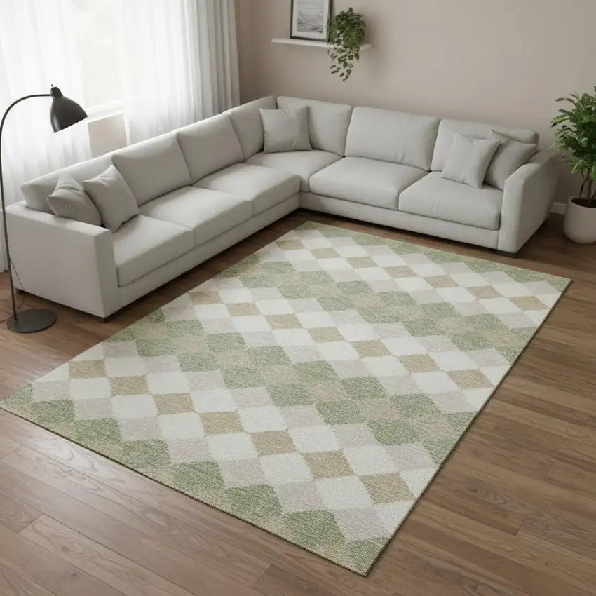 Artichoke Green Ivory And Taupe Geometric Washable Area Rug With UV Protection Photo 2