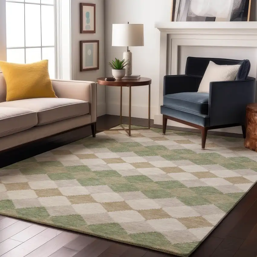 Artichoke Green Ivory And Taupe Geometric Washable Area Rug With UV Protection Photo 5