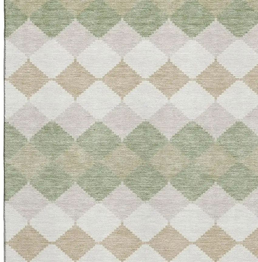 Artichoke Green Ivory And Taupe Geometric Washable Area Rug With UV Protection Photo 2