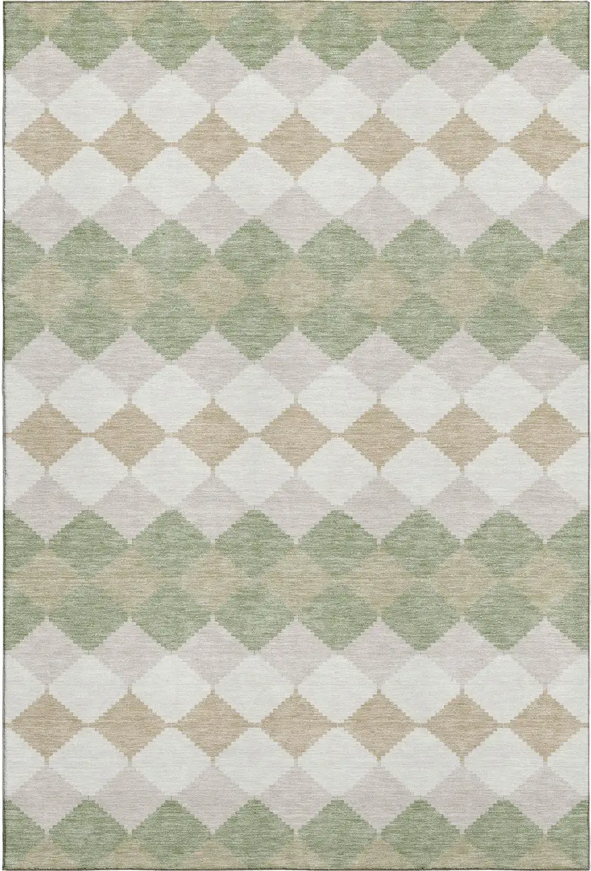 Artichoke Green Ivory And Taupe Geometric Washable Area Rug With UV Protection Photo 1
